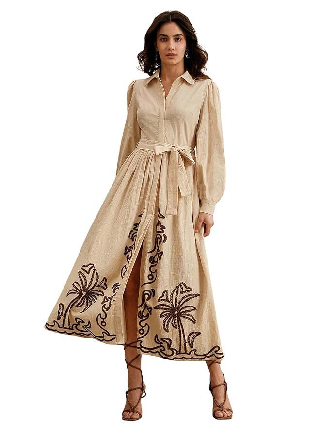 Cotton Blend Women's Casual Embroided Dress Mid-Length Maxi Dress